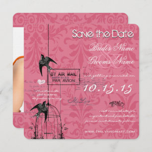 Convite Sua Foto Damask Bird Cage Casamento Salve a Data