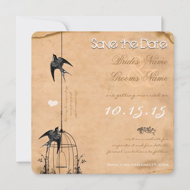 Convite Sua Foto Damask Bird Cage Casamento Salve a Data (Frente)