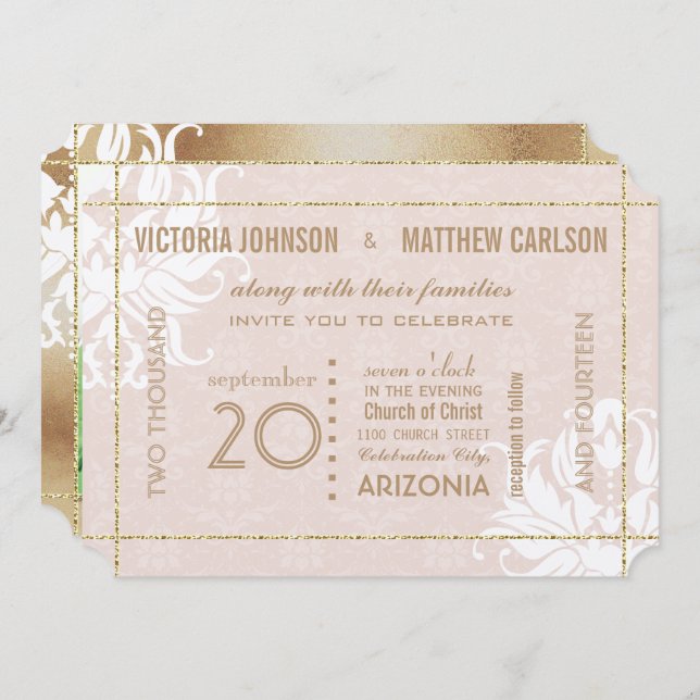 Convite Sua Foto Dourada Rosa Damask Floral Casamento (Frente/Verso)