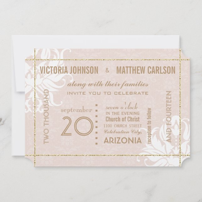 Convite Sua Foto Dourada Rosa Damask Floral Casamento (Frente)