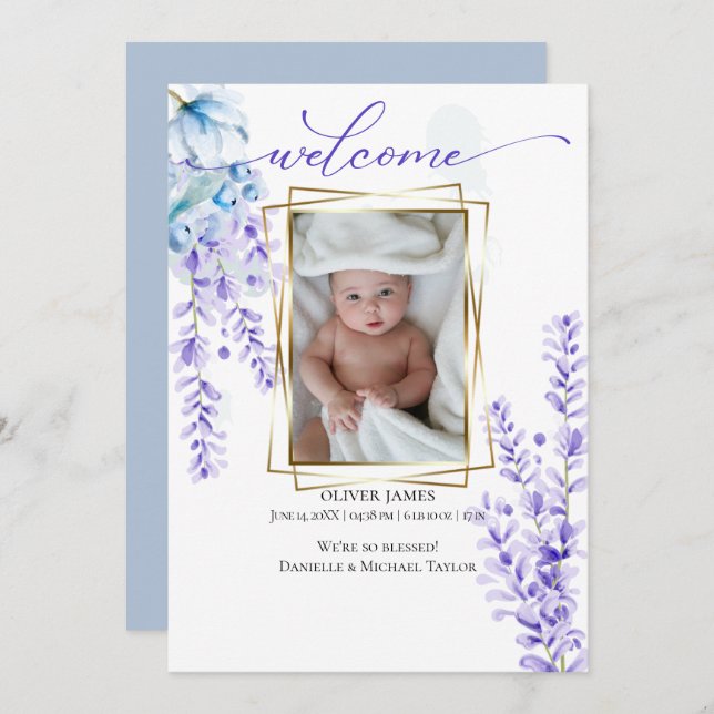 Convite Sua Lavanda de Aquarela do Bebê - Azul Empoeirado (Frente/Verso)