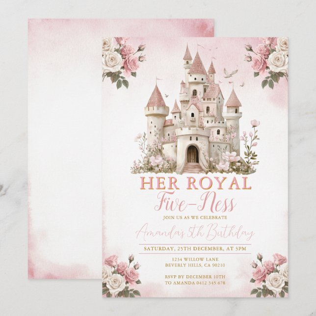Convite Sua Real Flores Rosa-Rosa do Castelo de Aniversári (Frente/Verso)