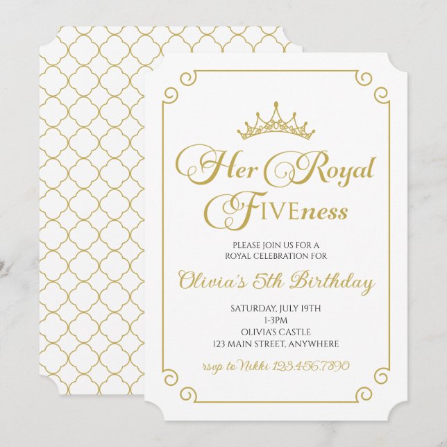 Convite Sua Real Noite Dourada Princesa 5 Aniversário (Frente/Verso)