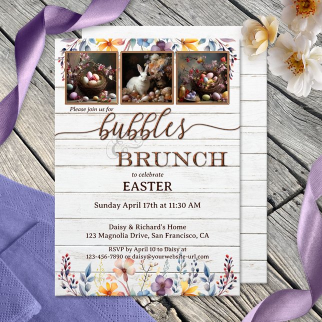 Convite Suas Páscoas russas e Brunch (Rustic Bubbles & Brunch invitation featuring your photos framed by watercolor wildflowers)