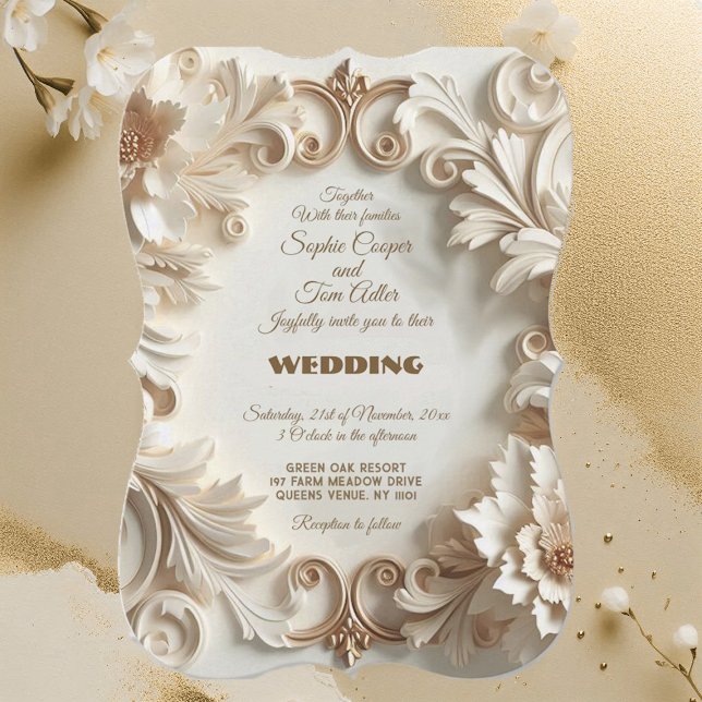 Convite Suave Ouro Barroco Elegância Barroca Inchos Florai (Soft Golden White Baroque Elegance Floral Swirls Invitation)