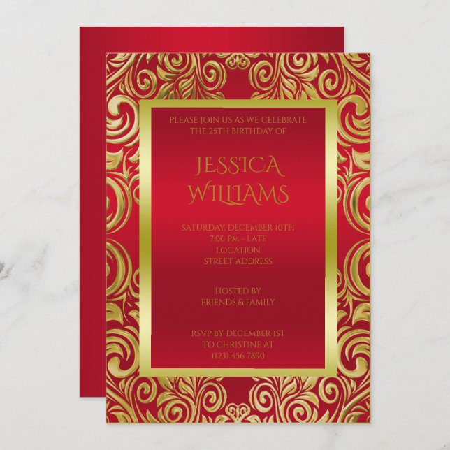 Convite Suavidades Douradas e Festa de aniversário vermelh (Frente/Verso)