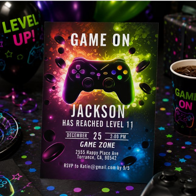 Convite  Suba de Nível! Festa de Aniversário Neon de Video (Level Up! Neon Video Game Birthday Party Invitation)