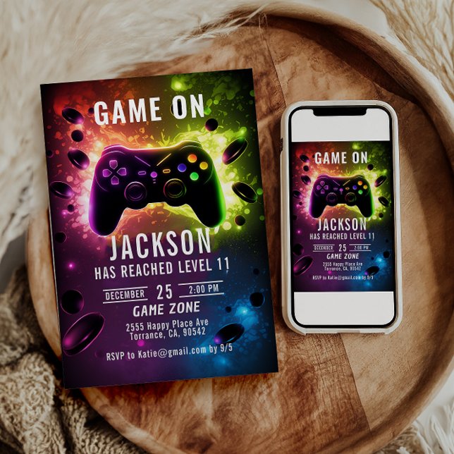 Convite Suba! Festa de aniversário Neon Video Game (Criador carregado)