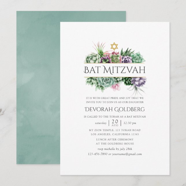 Convite Succulent Geométrico Aquarela Bat Mitzvah (Frente/Verso)