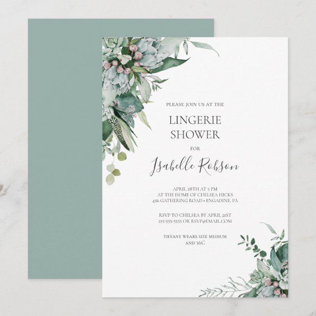 Convite Succulent Greenery | Lingerie Verde Sage (Frente/Verso)