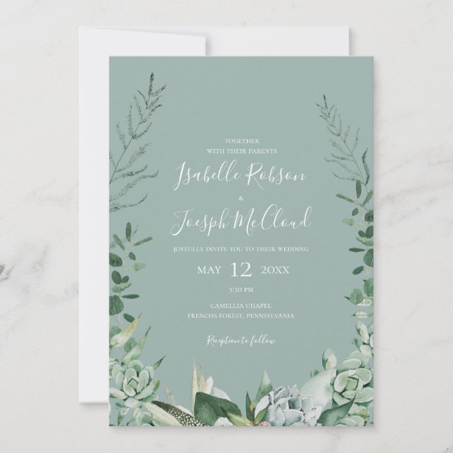 Convite Succulent Greenery | Sage Green All In One Wedding (Frente)