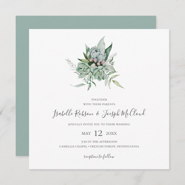 Convite Succulent Greenery | Sage Green Square Wedding (Frente/Verso)