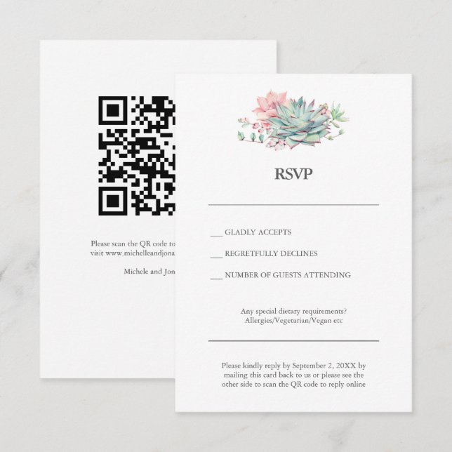 Convite Succulent Hybrid Wedding RSVP Card with QR Code (Frente/Verso)