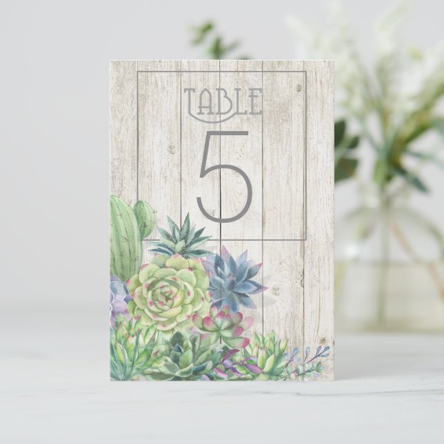 Convite Succulents and Rustic Wood Table Numbers V2 ID515 (Em pé/Frente)