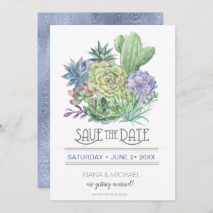 Convite Succulents and Sparkle Save the Date Blue ID515