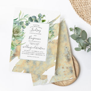 Convite Succulents e casamento elegante Dourado da