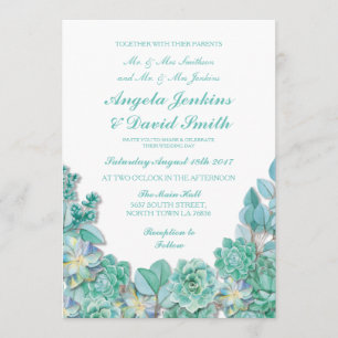 Convite Succulents Floral Weding Rustic White Teal Invite