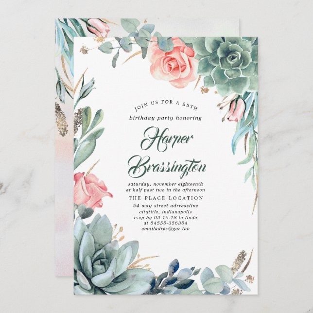 Convite Succulents Greenerence and Pink Rose Festa de aniv (Frente/Verso)