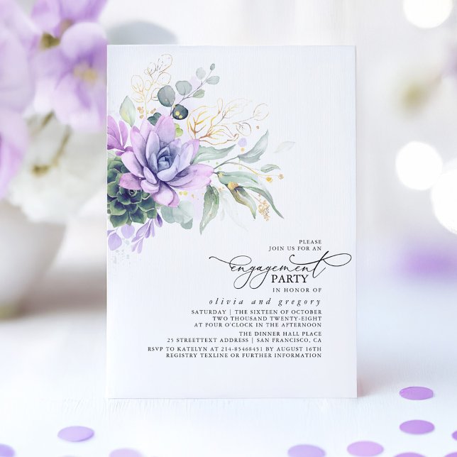 Convite Succulents Greenerent Dourado Deixa Festa de noiva (Purple Boho Engagement Party Invitation)