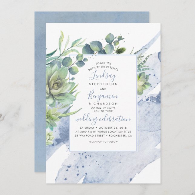 Convite Succulents Greenery Dusty Blue Elegant Casamento (Frente/Verso)