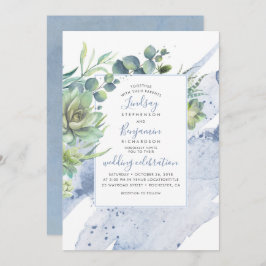 Convite Succulents Greenery Dusty Blue Elegant Casamento
