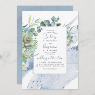 Convite Succulents Greenery Dusty Blue Elegant Casamento