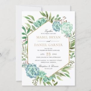 Convite Succulents Greenery Geométrico Dourado Casamento