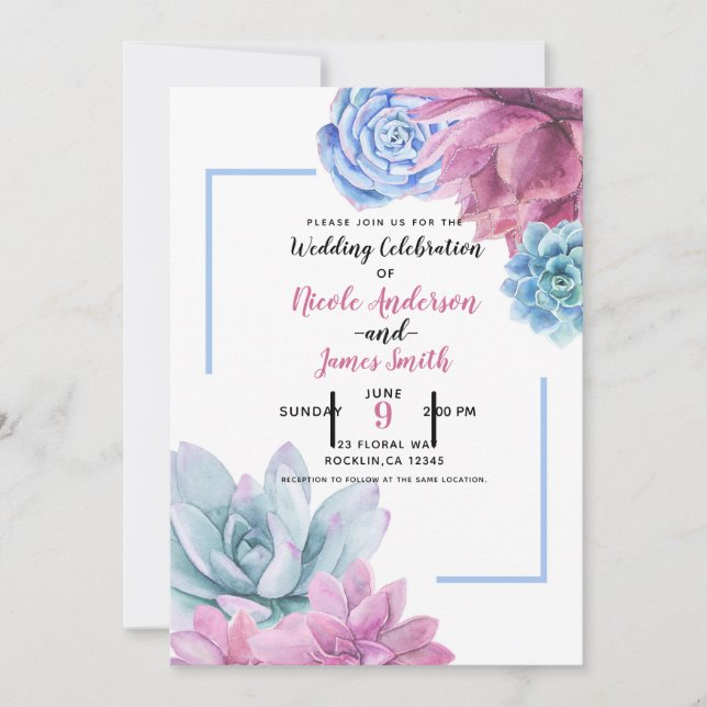 Convite Succulents Modern Chic Watercolor Wedding Fiesta (Frente)