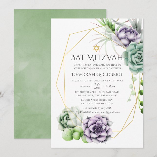 Convite Succult Geométrico Bat Mitzvah (Frente/Verso)