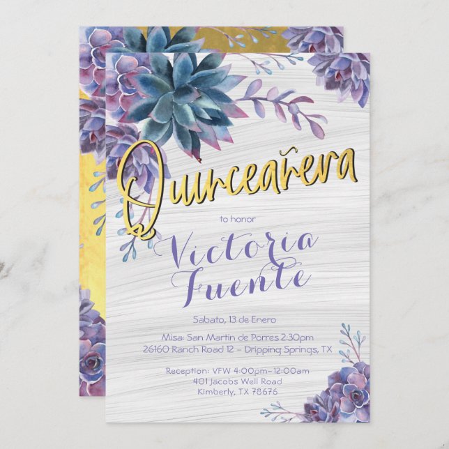 Convite Succult Gold Foil Watercolor Quinceañera (Frente/Verso)