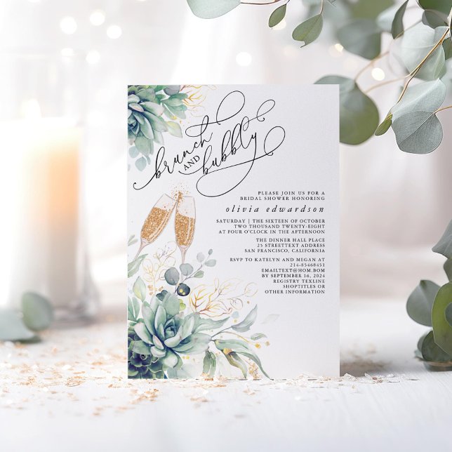 Convite Succult Greenery Brunch e Chá de panela de espuma (Brunch and Bubbly Succulents Greenery Bridal Shower Invitations)