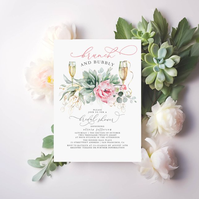 Convite Succult Greenery Brunch e Chá de panela de espuma (Brunch and Bubbly Succulent Bridal Shower Invitations)