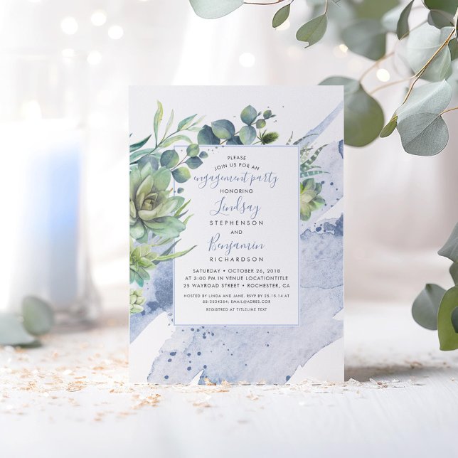 Convite Succults Festa de noivado Azul Cinza (Dusty Blue Greenery Engagement Party Invitations)