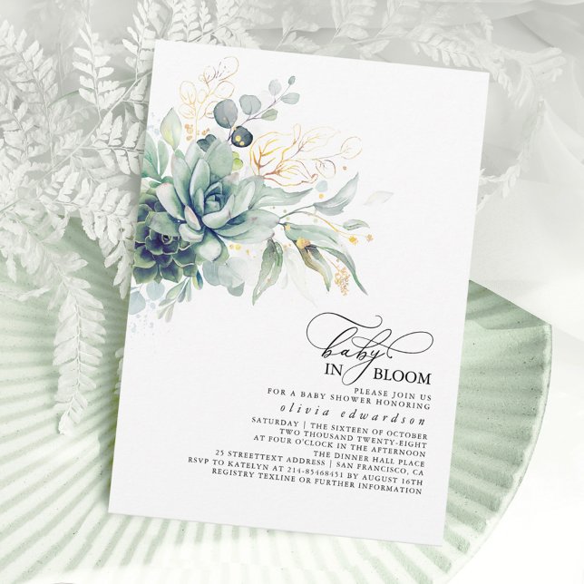 Convite Succults Greenerent Dourado Deixa Chá de fraldas B (Baby In Bloom Greenery Baby Shower Invitations)