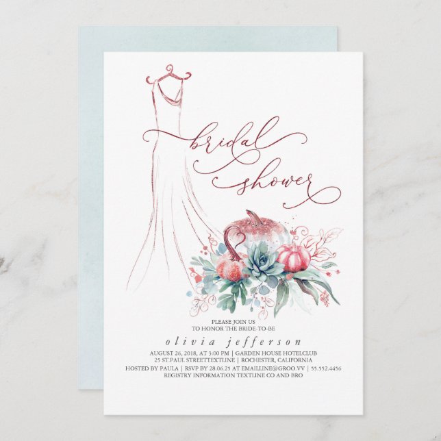 Convite Succults Greenery Pumpkins Vestido Chá de panela I (Frente/Verso)