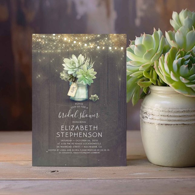 Convite Succults Mason Jar Rustic Country Chá de panela (Rustic Mason Jar and Succulents Bridal Shower Invitations)
