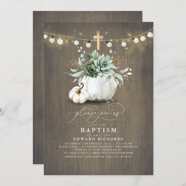 Convite Succults Pumpkins Dourado Cross Fall Baptism (Frente/Verso)