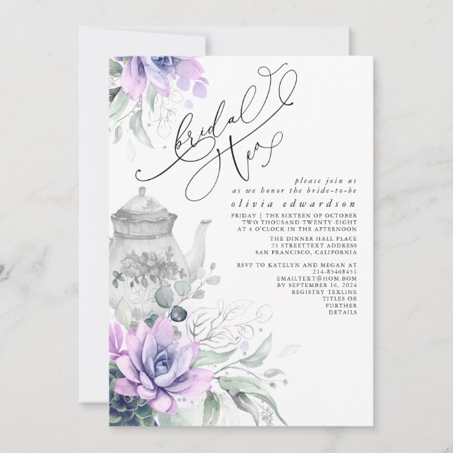 Convite Succults Silver Greenery Chá de panela Tea Party (Frente)