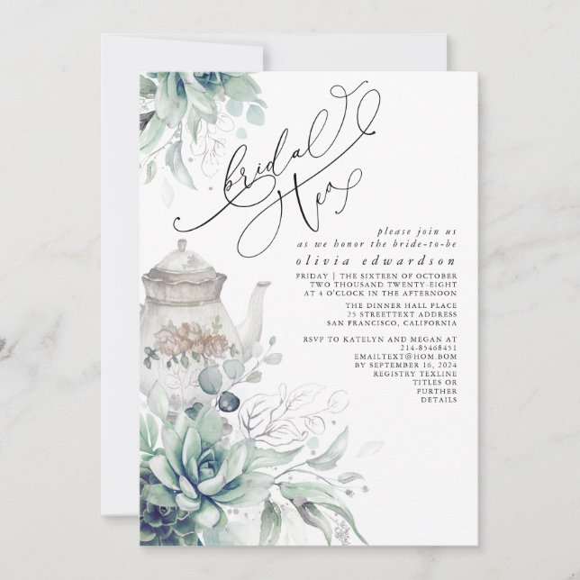 Convite Succults Silver Greenery Chá de panela Tea Party (Frente)