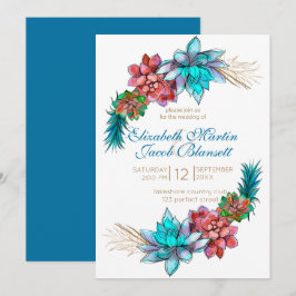 Convite Suculenta Aquarela, Casamento Azul Turquesa Intens