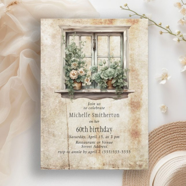 Convite Suculenta Garden Rustic 60th Birthday (Rustic succulent garden 60th birthday party invitation)