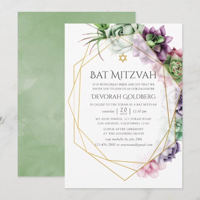 Convite Suculenta Geométrica em Aquarela Bat Mitzvah (Frente/Verso)