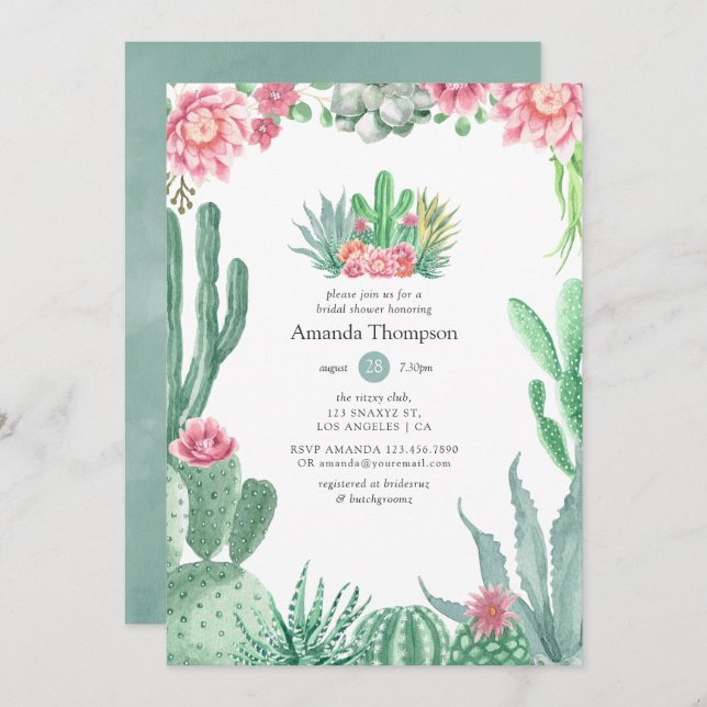 Convite Suculentas Aquarela Chá de Noiva Casamento (Frente/Verso)