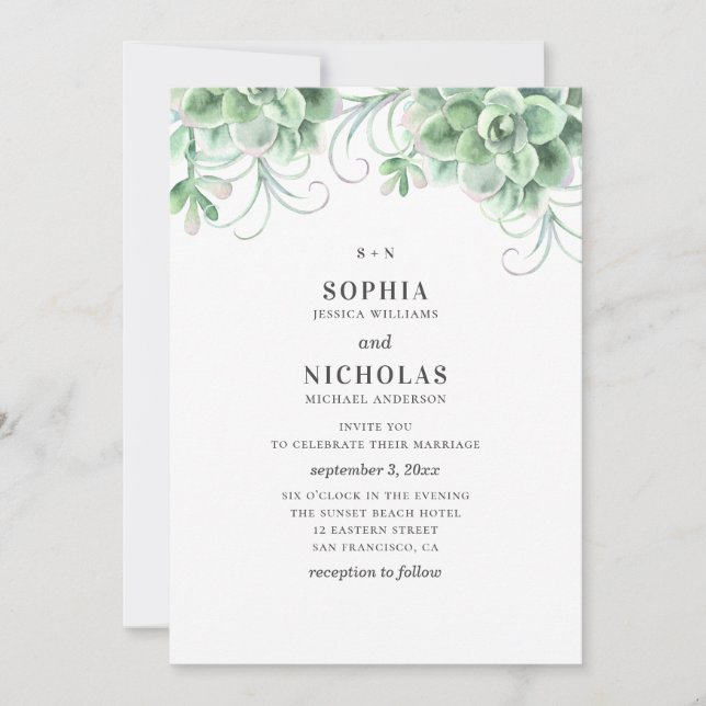 Convite Suculentas em aquarela. Casamento de cacto verde (Frente)