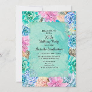 Convite Suculentas Florais Rosa Azul Verde Aniversário de 