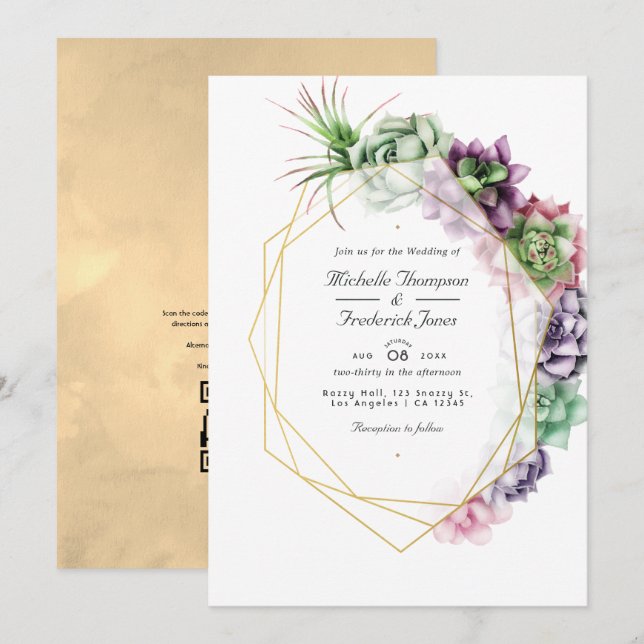 Convite Suculentas Geométricas  Código QR RSVP Casamento n (Frente/Verso)