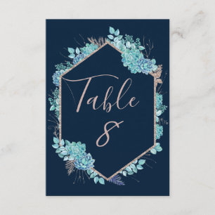Convite Suculentas Navy & Números de Mesa de Casamento em 