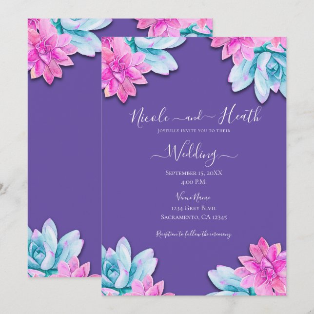 Convite Suculentas Rosa Roxo Casamento Moderno Fiesta (Frente/Verso)