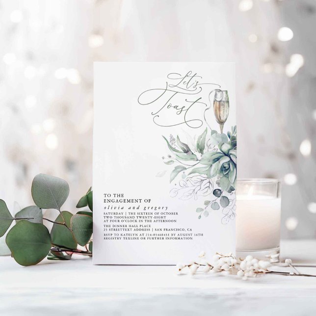 Convite Suculente Festa de noivado de Prata Verde (Silver Greenery Let's Toast Engagement Party Invitations)
