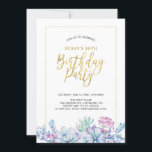 Convite Suculente Flor e Dourado Adulto 50ª Festa de anive<br><div class="desc">Celebre seu dia especial com este modelo na moda moderno de convites de aniversário. Este design apresenta moldura de ouro cônico e tipografia com lindos padrões de suculentos de aquarela.</div>